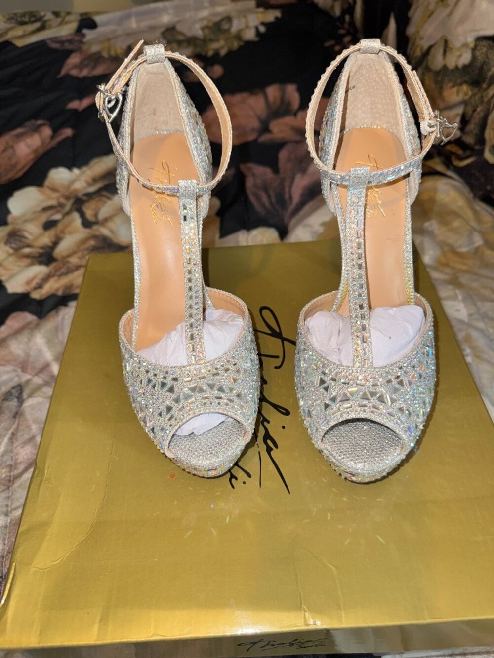 Thalia Sodi Chace Silver AB Rhinestone Platform T-Strap Heels - Women's Size 6